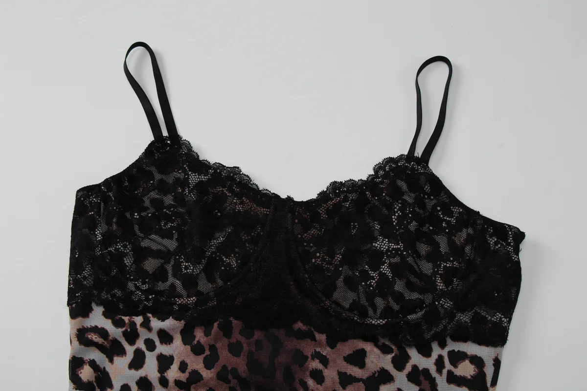 Mini abito a canotta con stampa leopardata patchwork in pizzo da donna Sexy senza spalline senza maniche aderente senza schienale Party Night Clubwear