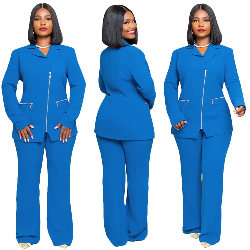 

Two Pieces Women Zippers Coat Pants Sets Solid Color Outfits Notched Jacket Straight Trousers 2024 Autumn Office Lady Suit
