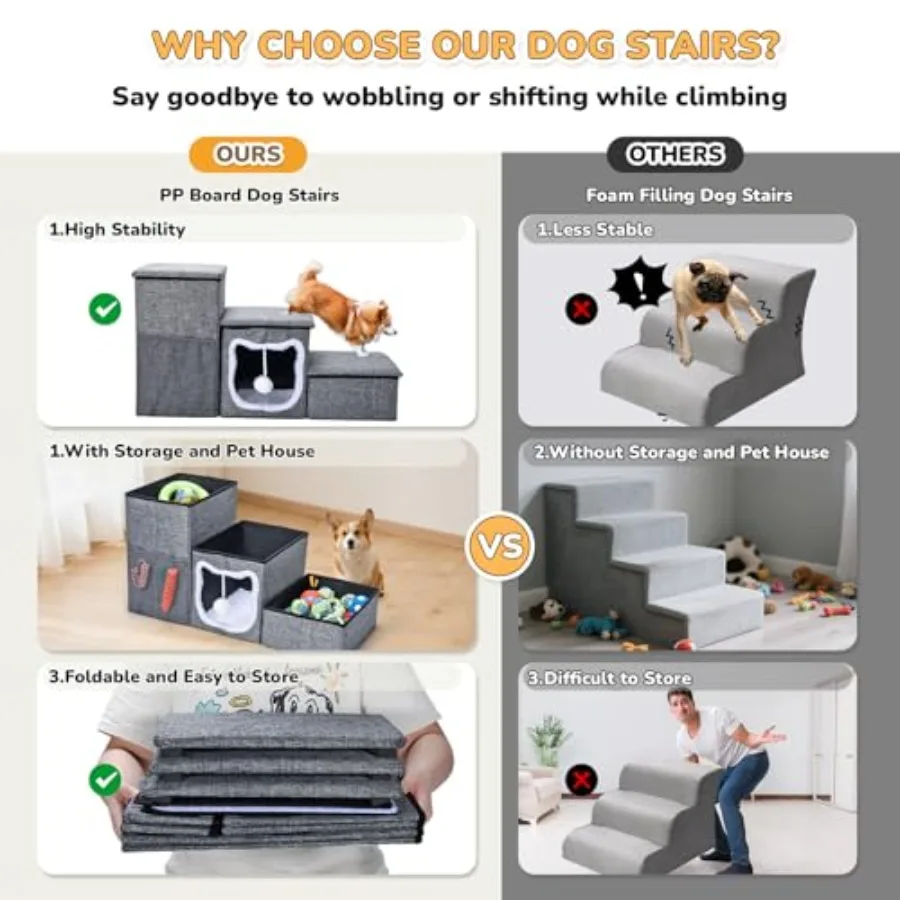 บันไดสำหรับสุนัขขนาดเล็ก Bilibrara สูง 16 นิ้ว แบบพับได้ สำหรับเตียงสูง ป้องกันการลื่น บันไดแมว 3 ขั้น พร้อมที่เก็บของและผ้าขน