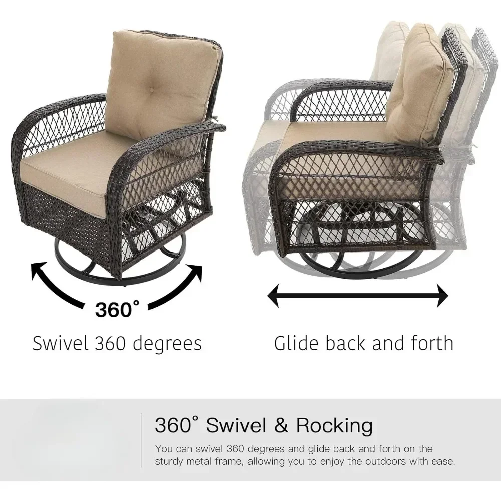 3 Pieces Patio Furniture Set Outdoor Swivel Glider Rocker Wicker Patio Bistro Set with Rocking Chair Thickened Cushion and Table