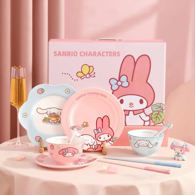 

Kawaii Sanrio керамическая посуда My Melody Cinnamoroll Милая большая емкость мультяшная Бытовая ложка миска тарелка кухонные принадлежности