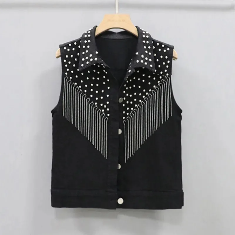 Women Sleeveless Short Jean Coat 2023 New Female Single Breasted Black White Rivet Tassel Denim Vest Sleeveless Waistcoat Jacket