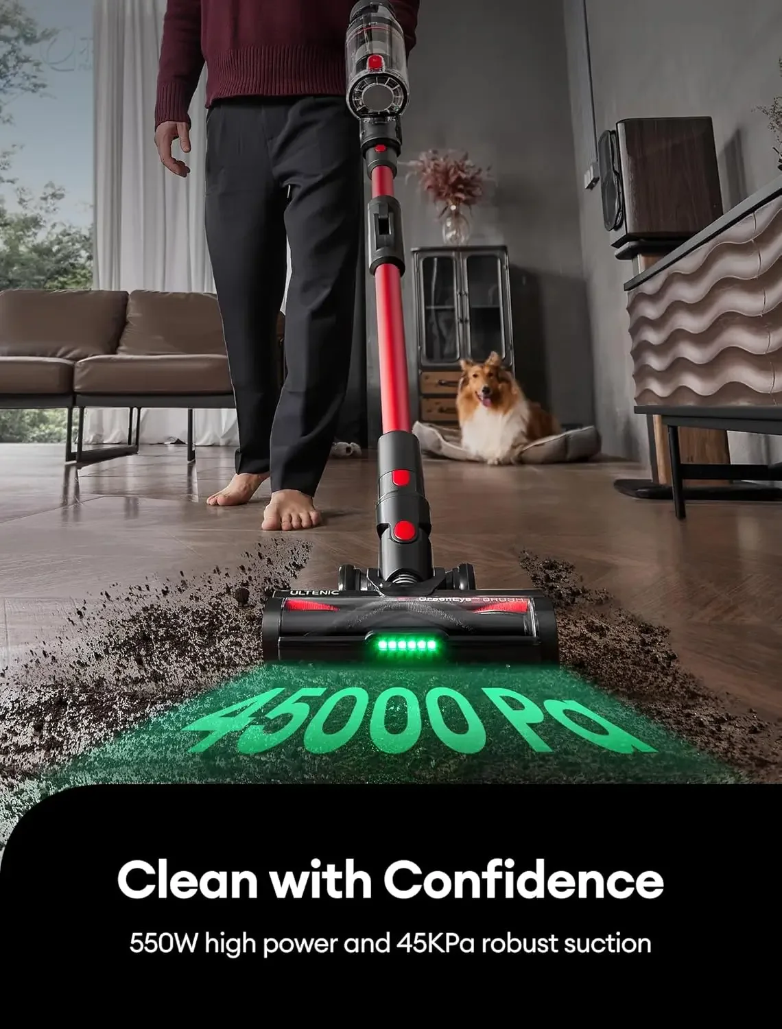 Vacuum Cleaner, 550W/45Kpa, 60Mins Runtime, 180°Bendable Wand, Anti-Tangle Brush, Stick Vacuum Cordless with Charging Dock, Hand