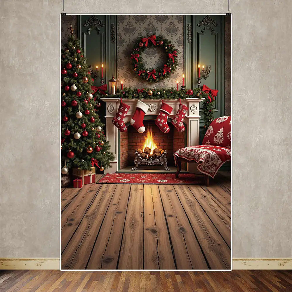 MOON.QG Christmas Photography Backdrop Xmas Fireplace Tree Wreath Photo Studio Background Child Photographic Back Drop Supplies