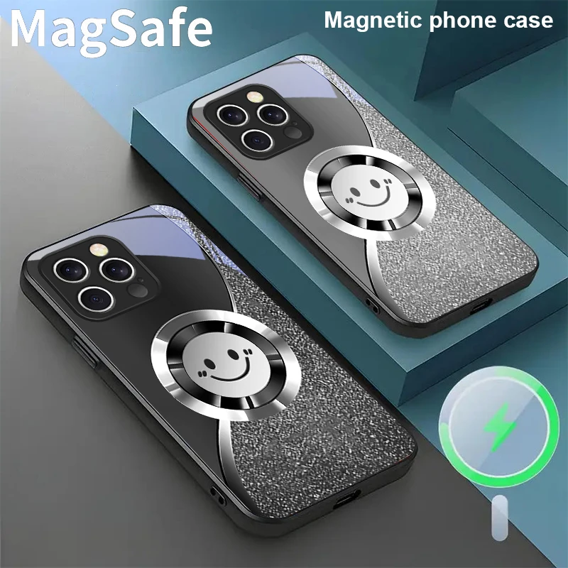 Blue Happy Face Circle для iPhone 16E 15 Pro 14 13 Plus 12 mini 11 15Pro 14Max XR Xs X 7 8 16Plus 16 E Стеклянный чехол для телефона Magsafe