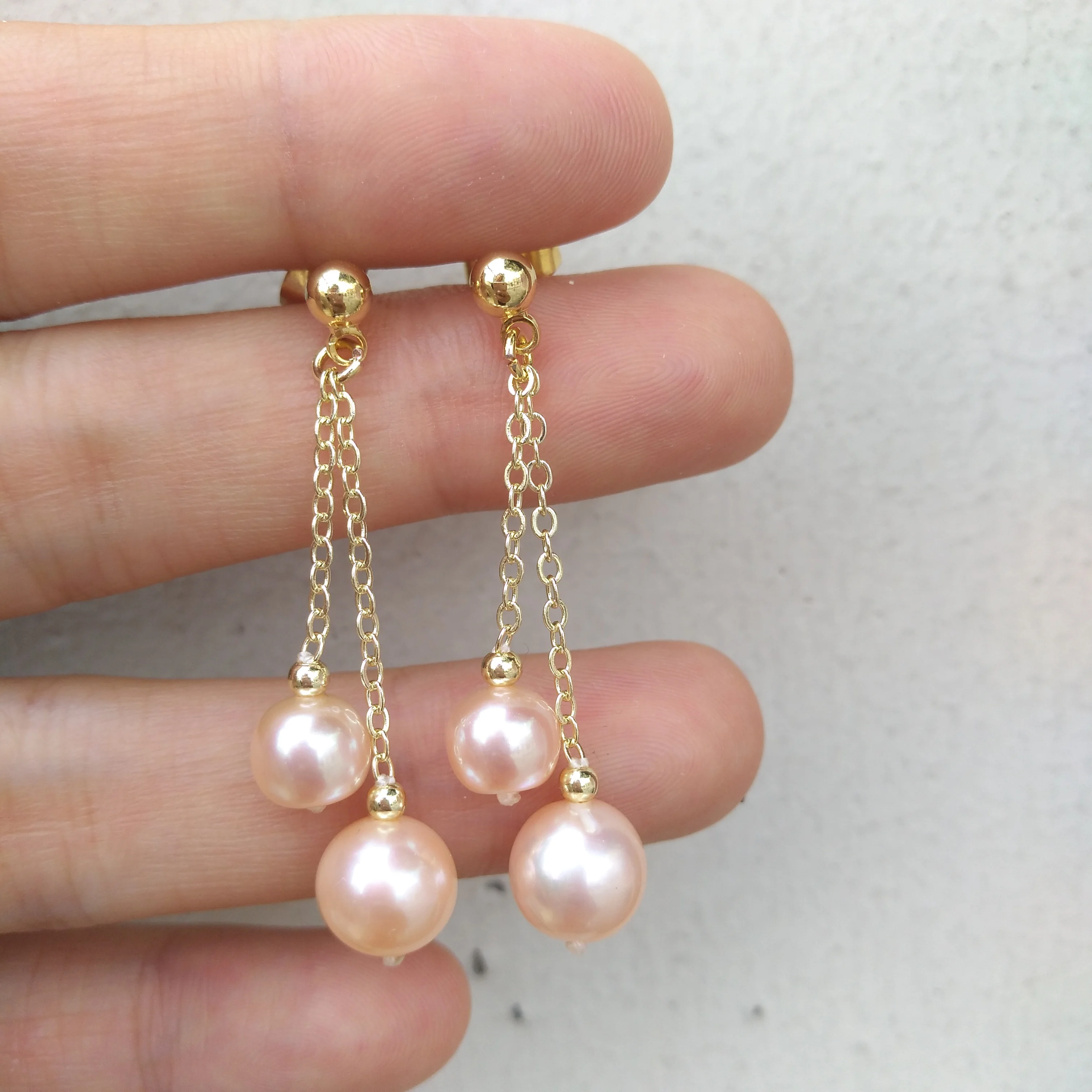 Classic Exceptional AAA+ south sea Real Natural pink 6-7mm/8-9mm pearl  Long earrings 14k Gold P Any Occasion