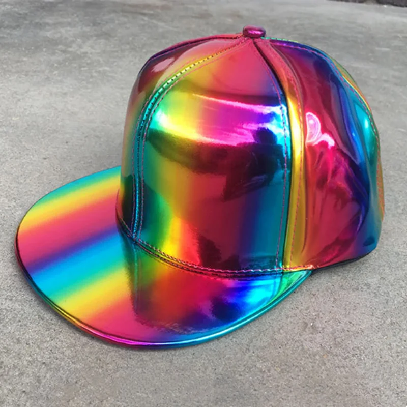 1pcs Shiny laser baseball cap stage show Festival party multi-colored cap show fashion trend gradient color leather baseball cap