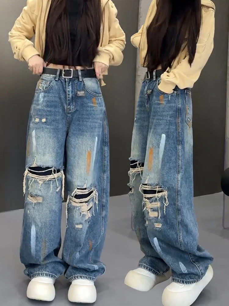 

Broken hole trendy wide leg jeans women 2026 new spring fat mm loose American style street straight leg curved knife pants