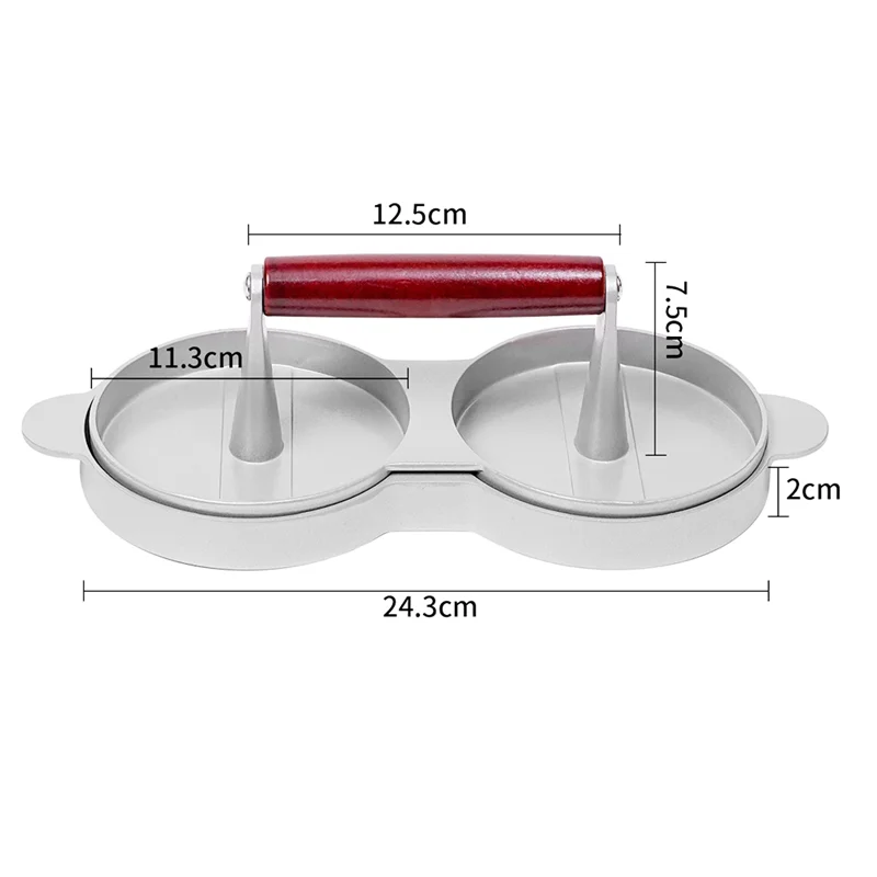 مكبس همبرغر مزدوج، صانع فطائر برجر من سبائك الألومنيوم بمقبض خشبي، ماكينة ضغط اللحوم، صانع فطائر همبرغر مستديرة متينة