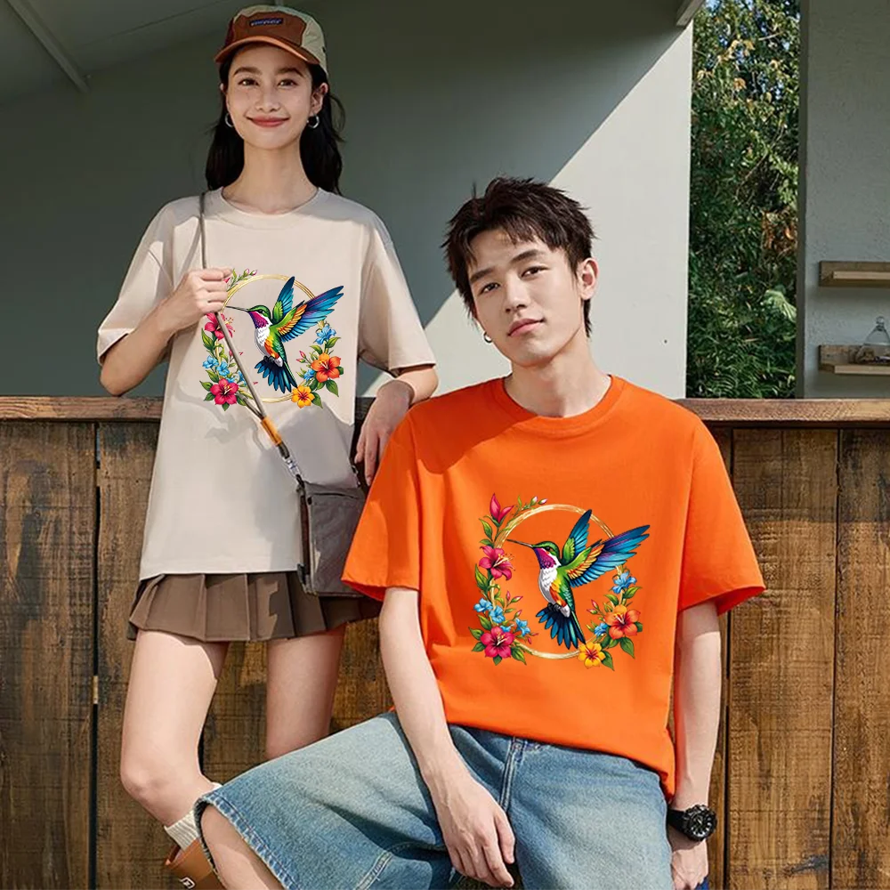 Hummingbird Floral Wreath Printed T Shirt Cotton S-XXL Personalized Custom Casual Short Sleeve Tee Aesthetic Graphic Top Unisex