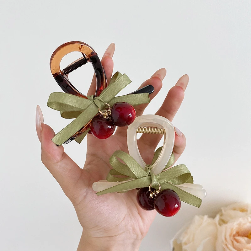 Cute Bow Ribbon Hair Clip Elegant Cherry Hair Clip For Women Girls Fashionable Hair Accessories Sweet Hair Rope Headdress