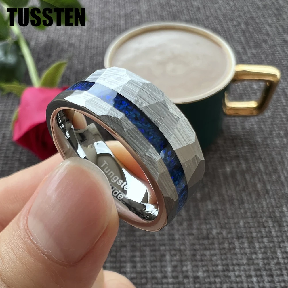 TUSSTEN 8MM Silver Hammered Tungsten Finger Ring for Men Women Fashion Engagement Wedding Band Genuine Blue Opal Inlay