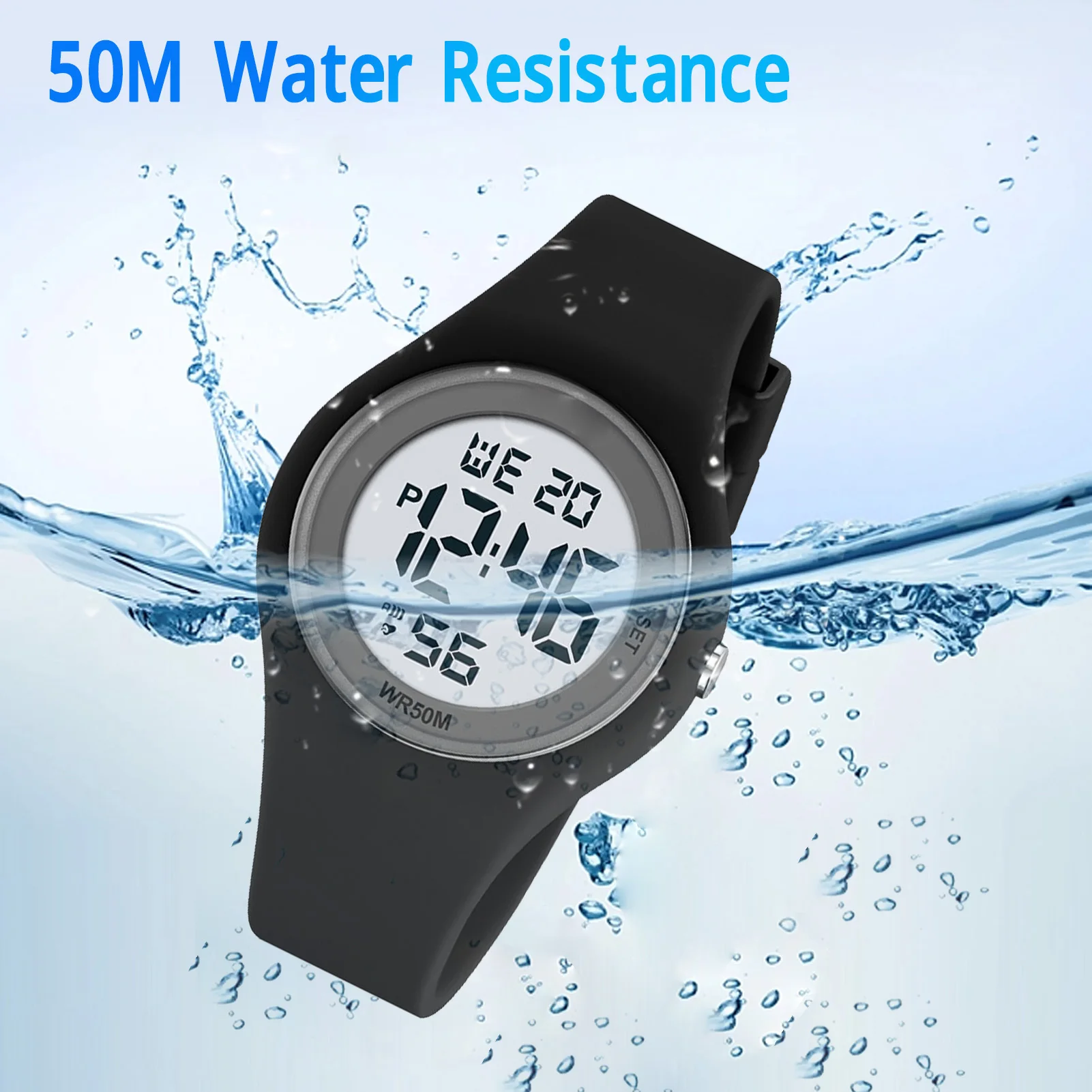 ساعة رقمية للأطفال منبه وساعة توقيت مقاومة للماء وبسوار ناعم قابل للتعديل للأطفال كرونوغراف للأطفال من عمر 5 إلى 15 سنة