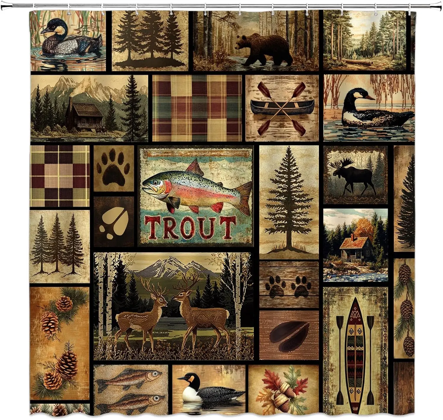 Rustic Farmhouse Shower Curtain,Cabin Bear Deer Fishing Forest Animal Country Lodge Camping Primitive Brown Bathroom HomeCurtain