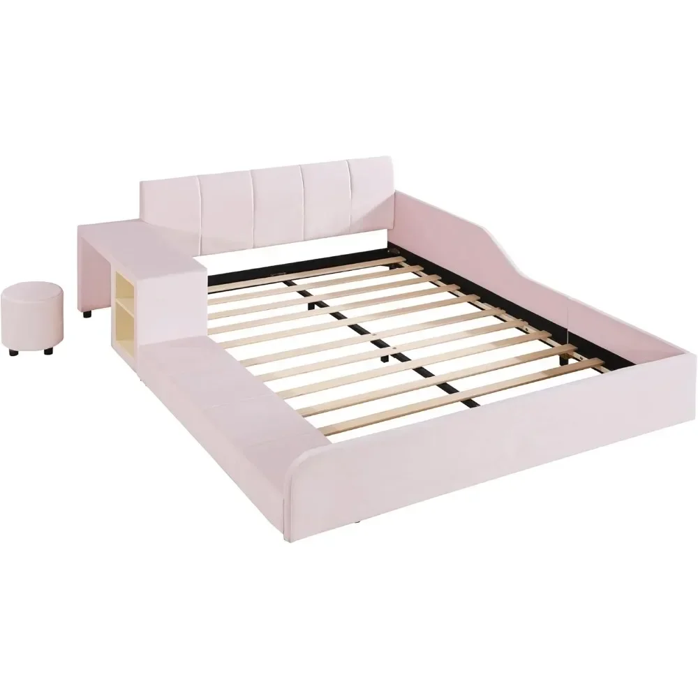 Tamanho completo moderno estofados cama aterrado, tecido de veludo, piso plataforma cama com mesa de cabeceira, mãe e filho cama