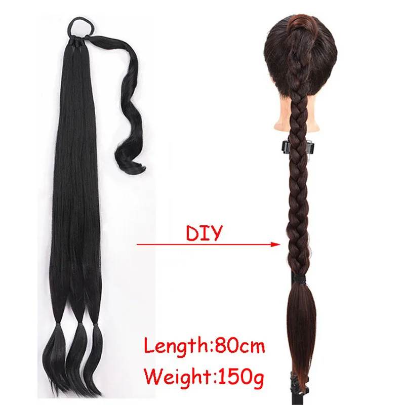 Sintético rabo de cavalo longo reta peruca extensões para mulheres, tranças boxe, preto, loiro, marrom, penteado cabelo extensões, 32"