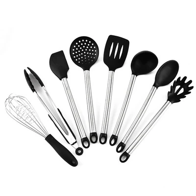 

8pcs/set Silicone And Stainless Steel Kitchen Utensil Kit Scraper Set Whisk Tong Spatula Pasta Server Slotted Turner Spoon H825