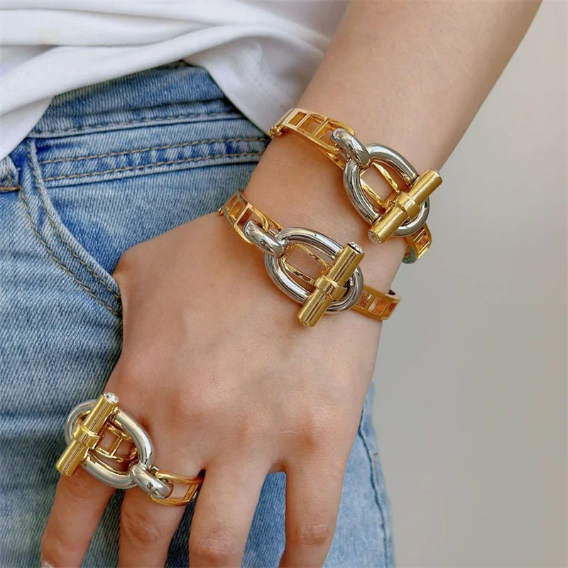 Luxury Cubic Zirconia Ot Buckle Bangles Stainless Steel Open Bracelet Ring For Women Wedding Jewelry Set Factory Wholesales