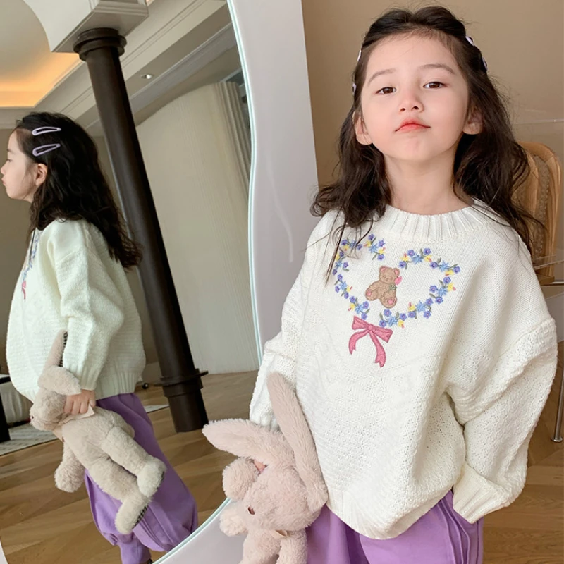 

Korean Style Sweet Children Girls Knitted Sweater Baby Outwear Toddlers Autumn Fashion Cute Round Neck Loose Top