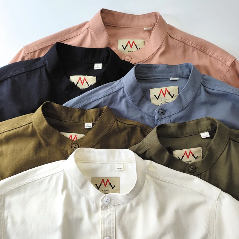

Men's Casual Cotton irt Stand Collar Retro Chinese Sle Breathable Long Sve Full Year Pure Color Waed Original Fabric