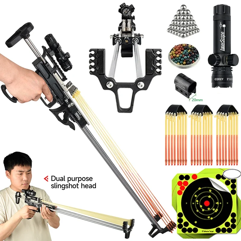 80 LBS Retractable Long Pole Slingshot Laser Aiming Powerful Dual-purpose Metal Slingshot Outdoor Hunting Shooting Set