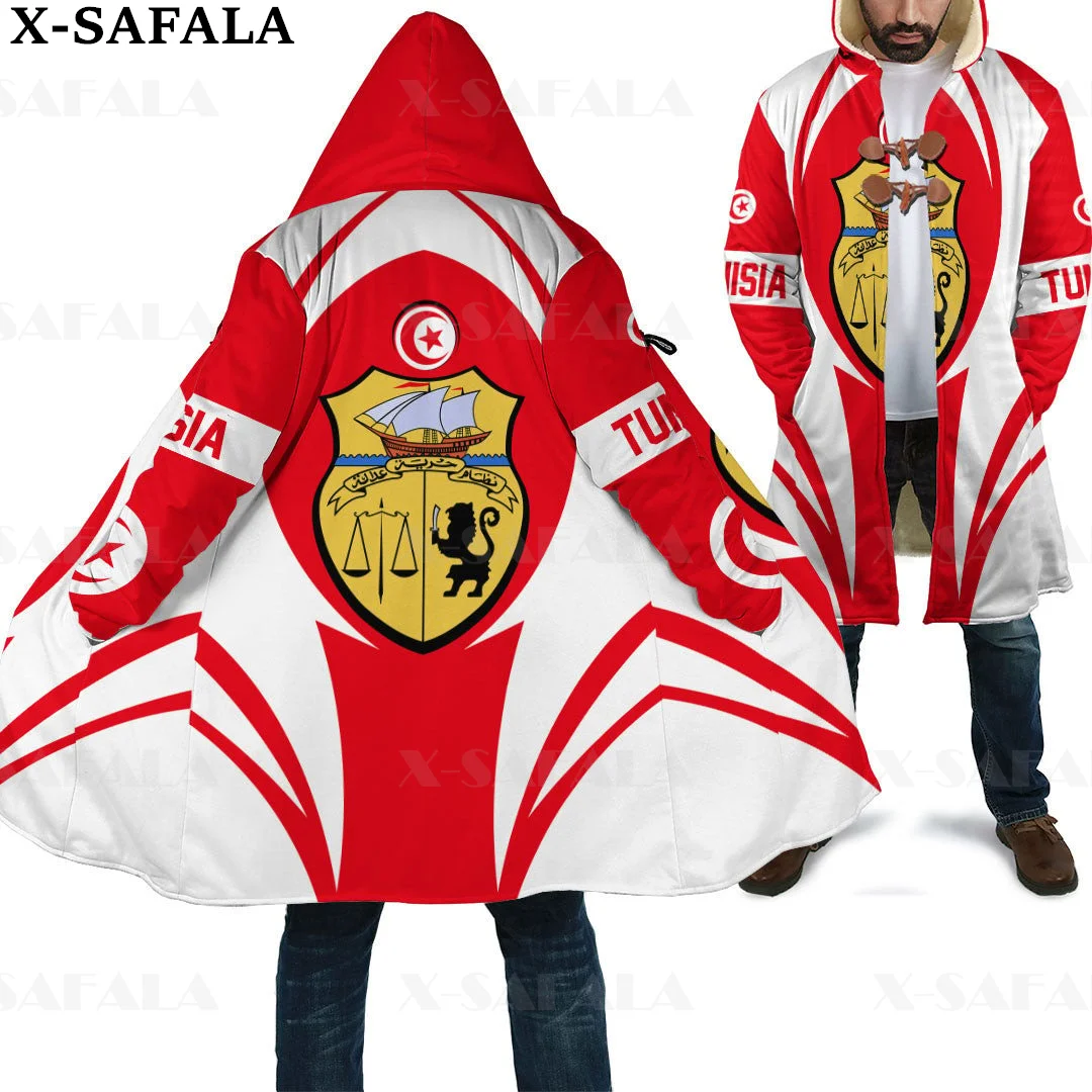 Tunisia Emblem Action Flag Country Art  Thick Warm Hooded 3D Print Cloak Men Overcoat Coat Windproof Fleece Cape Robe Blanket-1