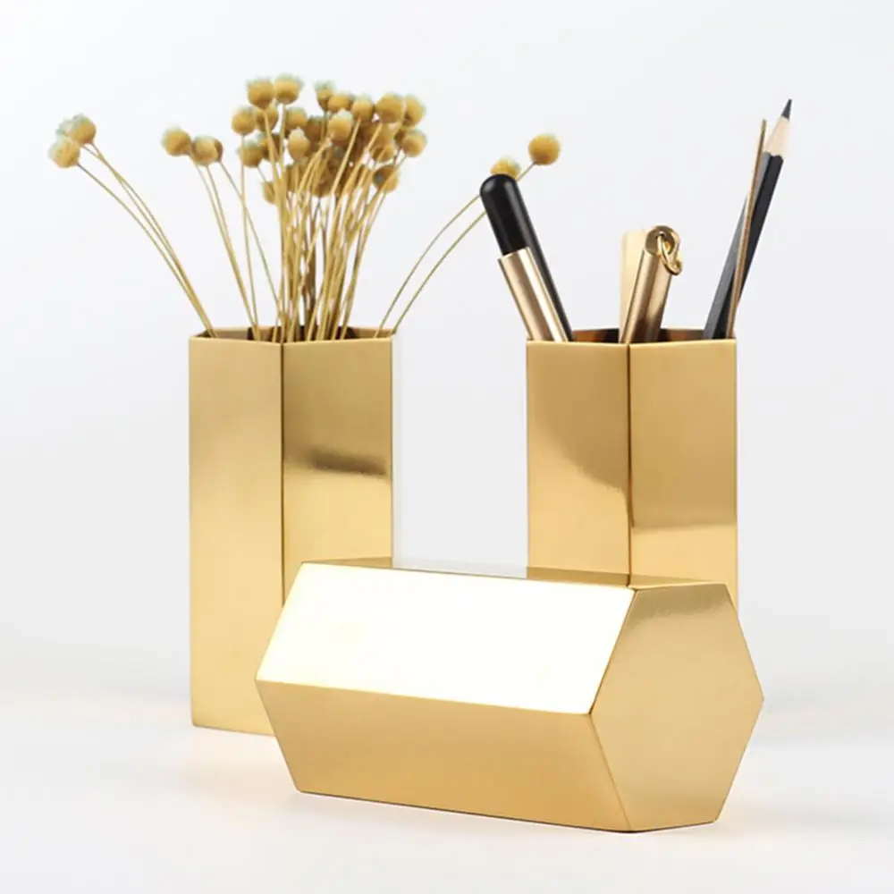 Gold Hexagonal Multifunction Desk Organizer Container Pen Pencil Holder Makeup Brush Storage Box Desktop Storage for Home Office