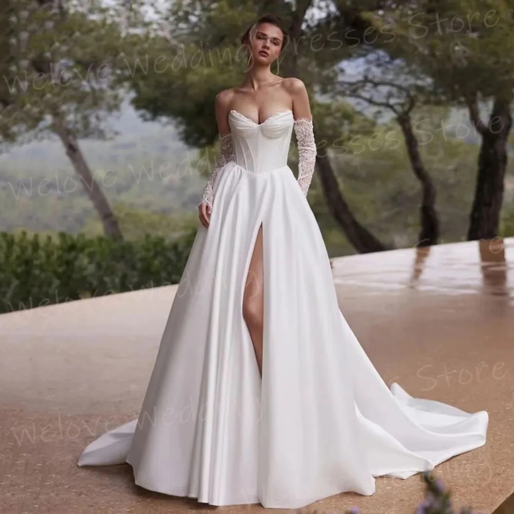 

Очаровательные простые женские свадебные платья трапециевидной формы с кружевным халатом De Mariée, индивидуальные платья невесты с открытой спиной и боковым разрезом, Vestido De Novia