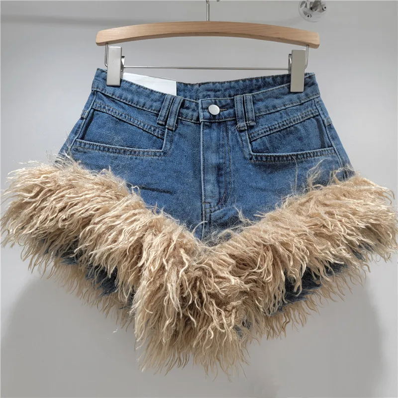 Pantaloncini di jeans patchwork pelosi per donna, ragazza calda stile americano 2025 Autunno Inverno Nuovi pantaloni caldi sexy con sollevamento dell'anca a vita alta sottile