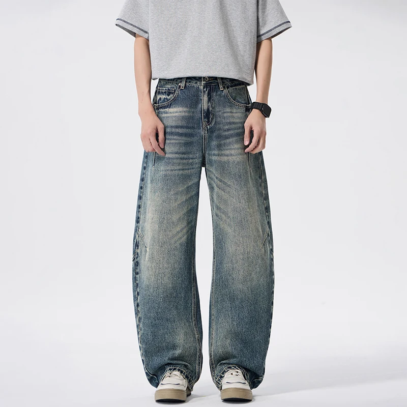 

Vintage American High Street Curved Blade Jeans Men Baggy Washed Denim Trousers Loose Wide Leg Streetwear Pants Patchwork