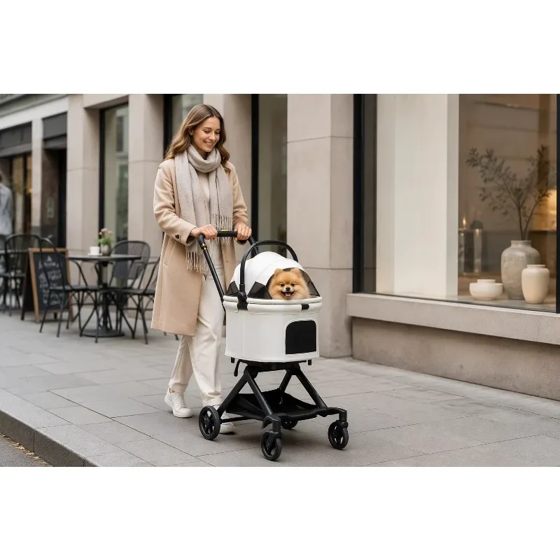 One Button Fold Detachable Pet Stroller Lightweight Dog Cat Trolley