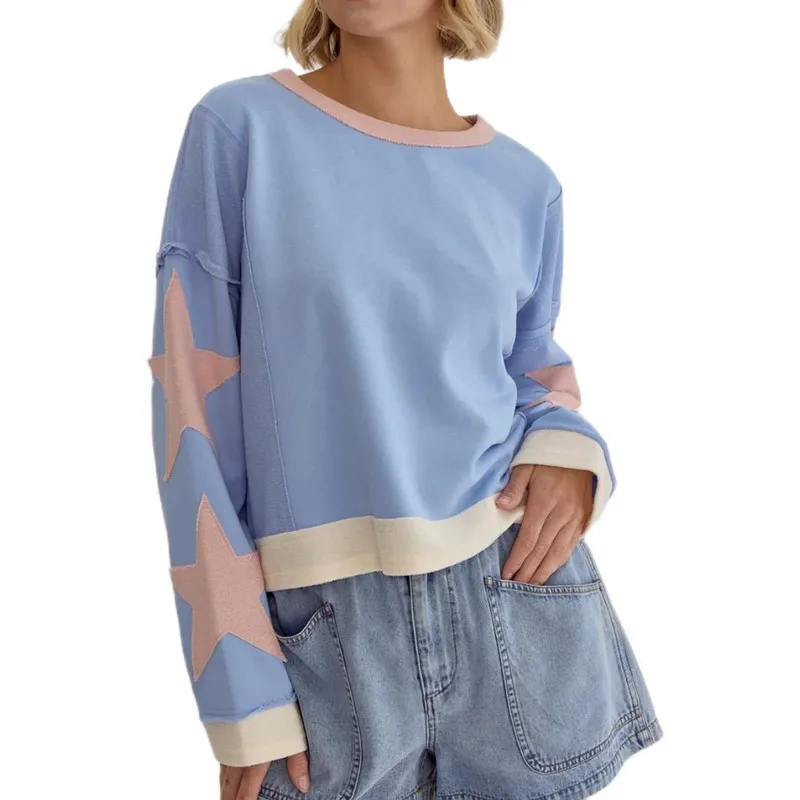 WPNAKS Bluza damska Wiosna Jesień Odzież y2k Długi rękaw Crew Neck Stars Print Bluza z kapturem Luźny pulower Casual Tops Odzież