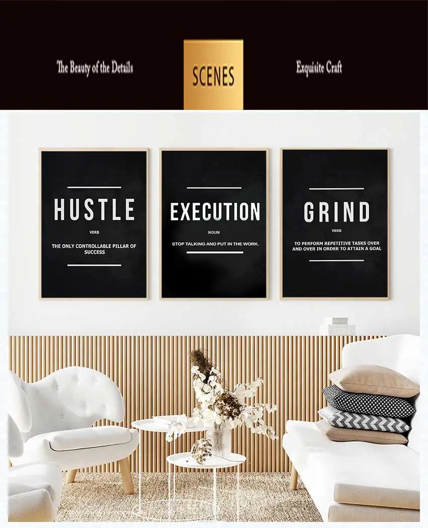 Grind Hustle Execute Motivational Quote Canvas Wall Art, Frameless Poster Print for Living Room Home Decor