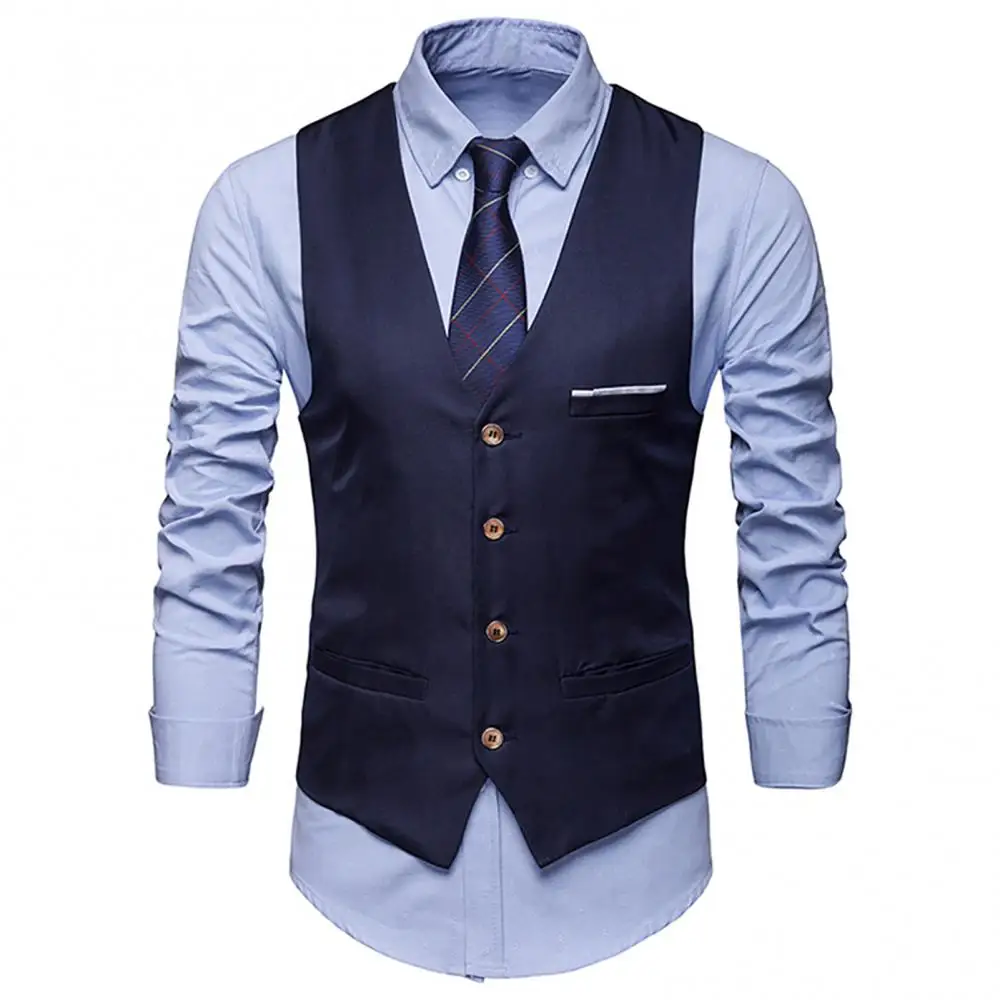 Men Suit Vest Formal Solid Color Single Breasted Business Waistcoat Multi Pockets Male Vest Tops Men's Clothing For Party