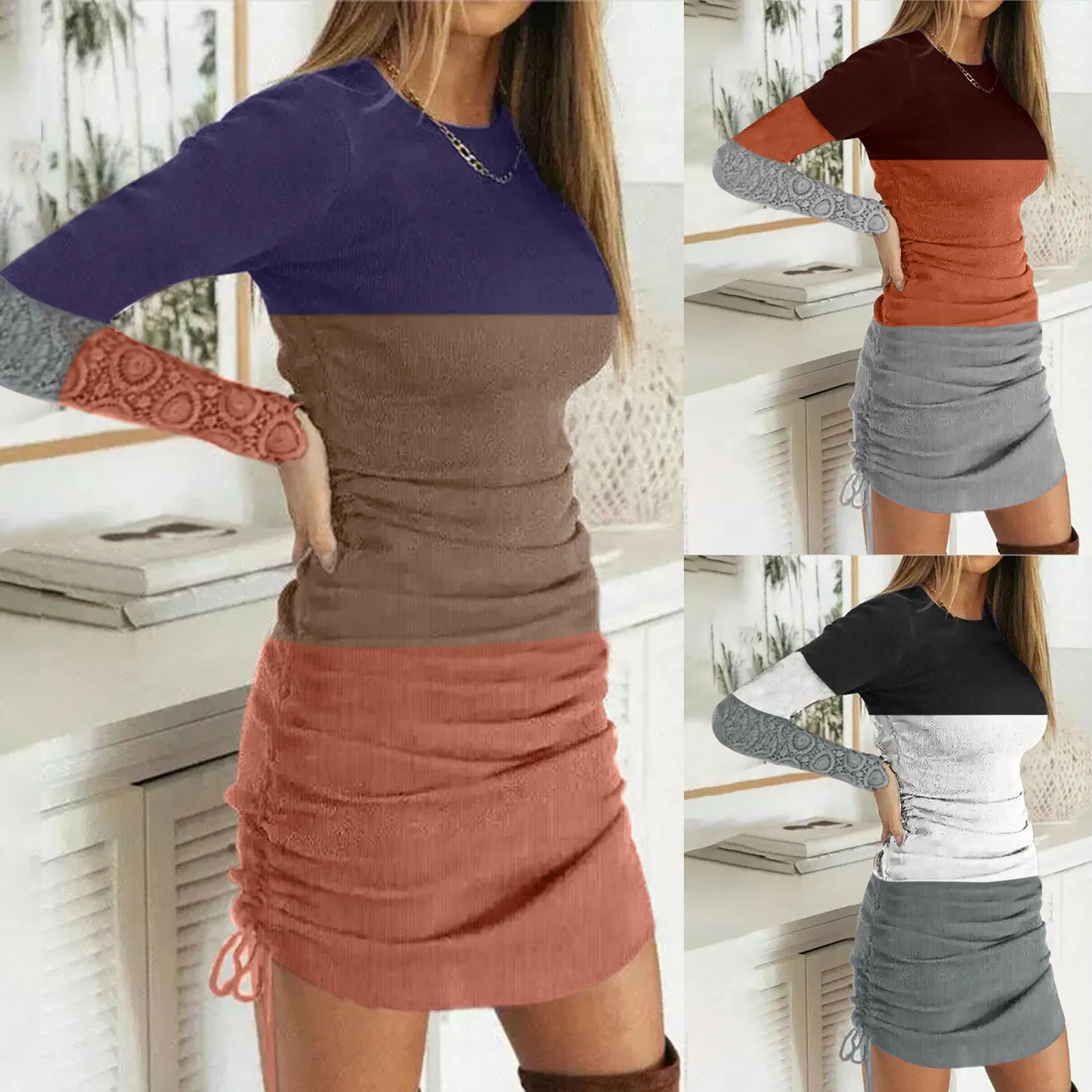

Women's Autumn And Winter Fashion Color Blocking Lace Long Sleeve Dress Casual Round Neck Slim Fit Drawstring Pleated Mini Dress