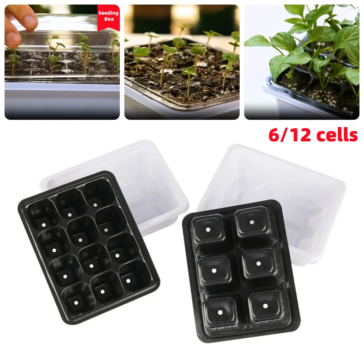 6cells 12cells Seedling Trays Germination Box with Transparent Cover Garden Greenhouse Plant Flower Vegetable Nursery Pots 10Pcs