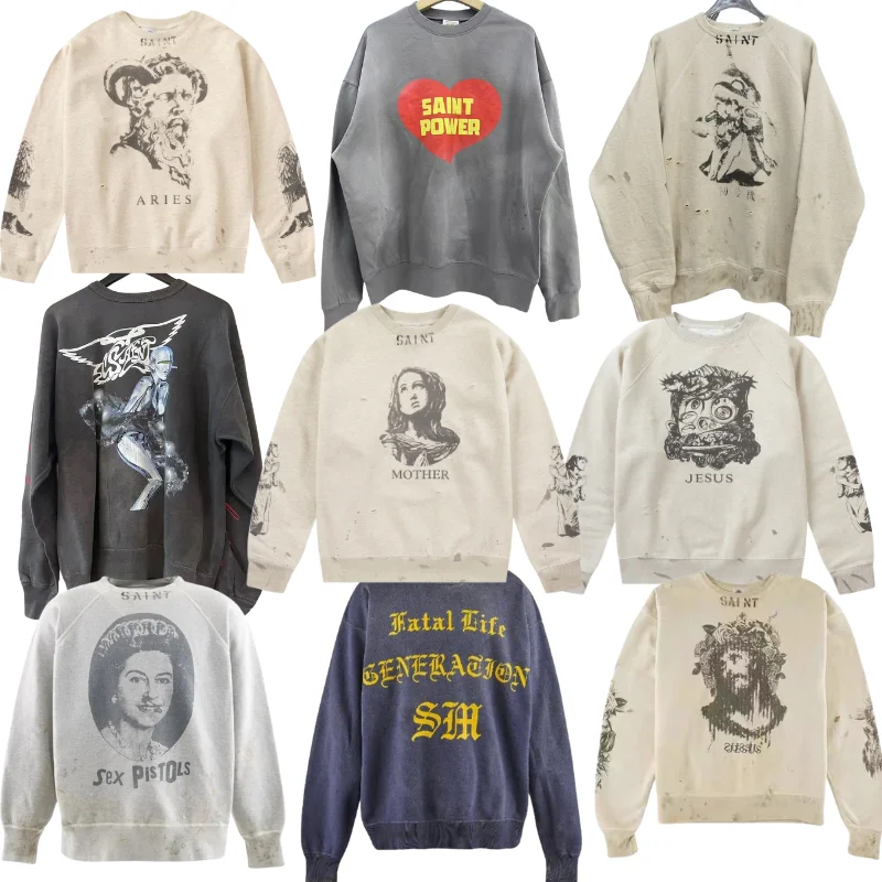 

SAINT Vintage Pullover Ink-splashed Graffiti Destruction Round-neck Hoodie Autumn Winter Men Women Casual Sportswear