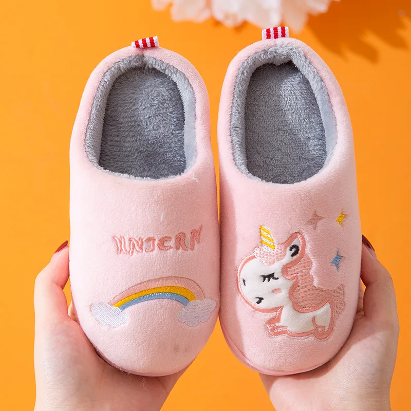 Zapatillas de algodón para niños y niñas, zapatos cálidos de unicornio, gruesos, grandes, para el hogar, Invierno