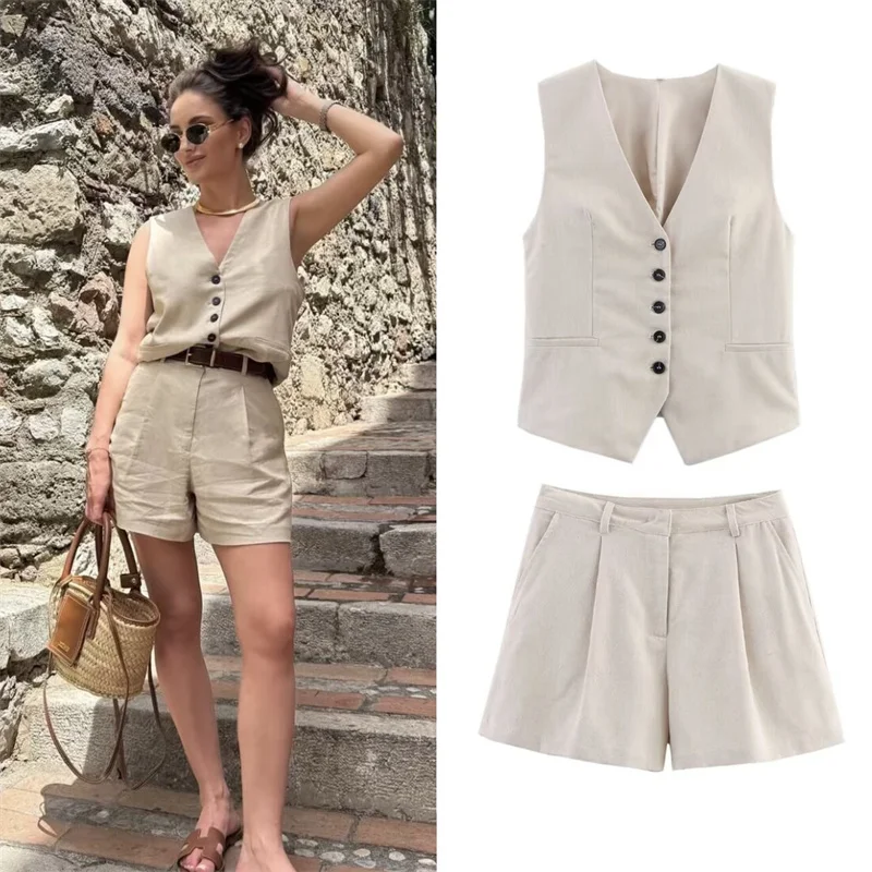 

Women's suit 2025 new blended sleeveless vest Versatile high-waisted shorts Summer women's retro casual 2-piece set