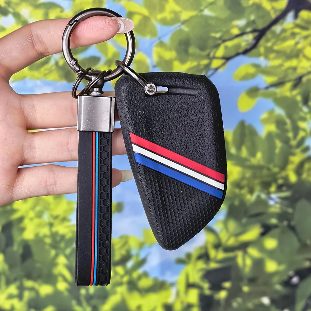 Flexible Tri‑Color Striped Remote Key Case with Keychain for BMW X1 X3 X5 Series 1 2 5 Wear‑Resistant Silicone Fob Shell