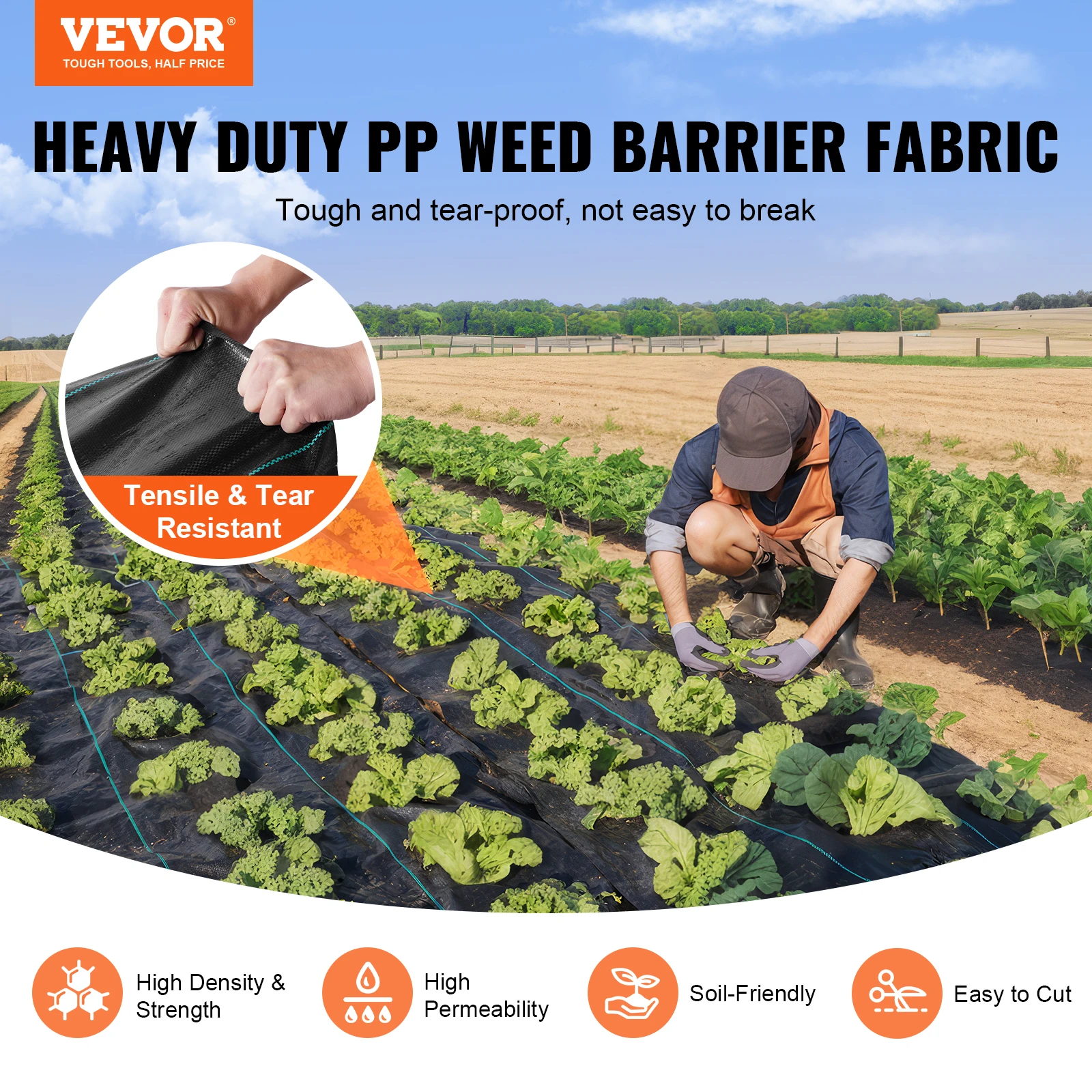 VEVOR Weed Barrier Landscape Fabric 6.5*330FT Heavy Duty Garden Weed Fabric Woven PP Weed Control  for Landscaping Ground Cover