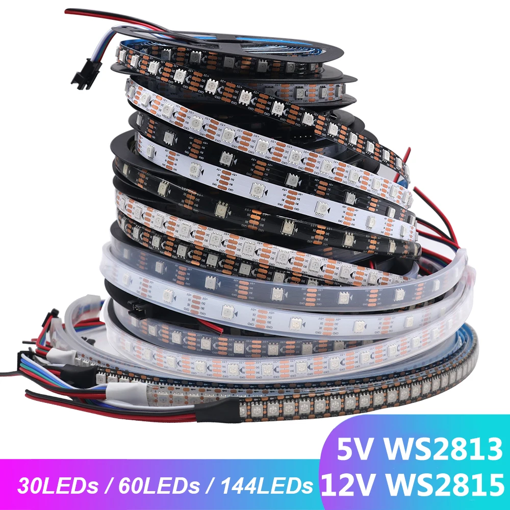 DC5V DC12V WS2813 WS2815 Individually Addressable RGB LED Strip 30/60/144Pixels/Leds/M RGB Tape Light Waterproof IP30/65/67