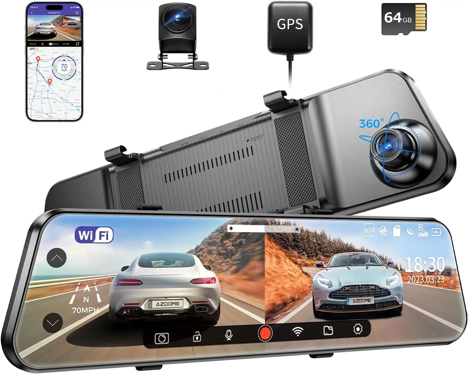 

WiFi Rear View Mirror Camera, 12" Mirror Dash Cam, Dual Camera 2.5K Front and 1080P Rear Camera for Car, Free 64GB TF Card