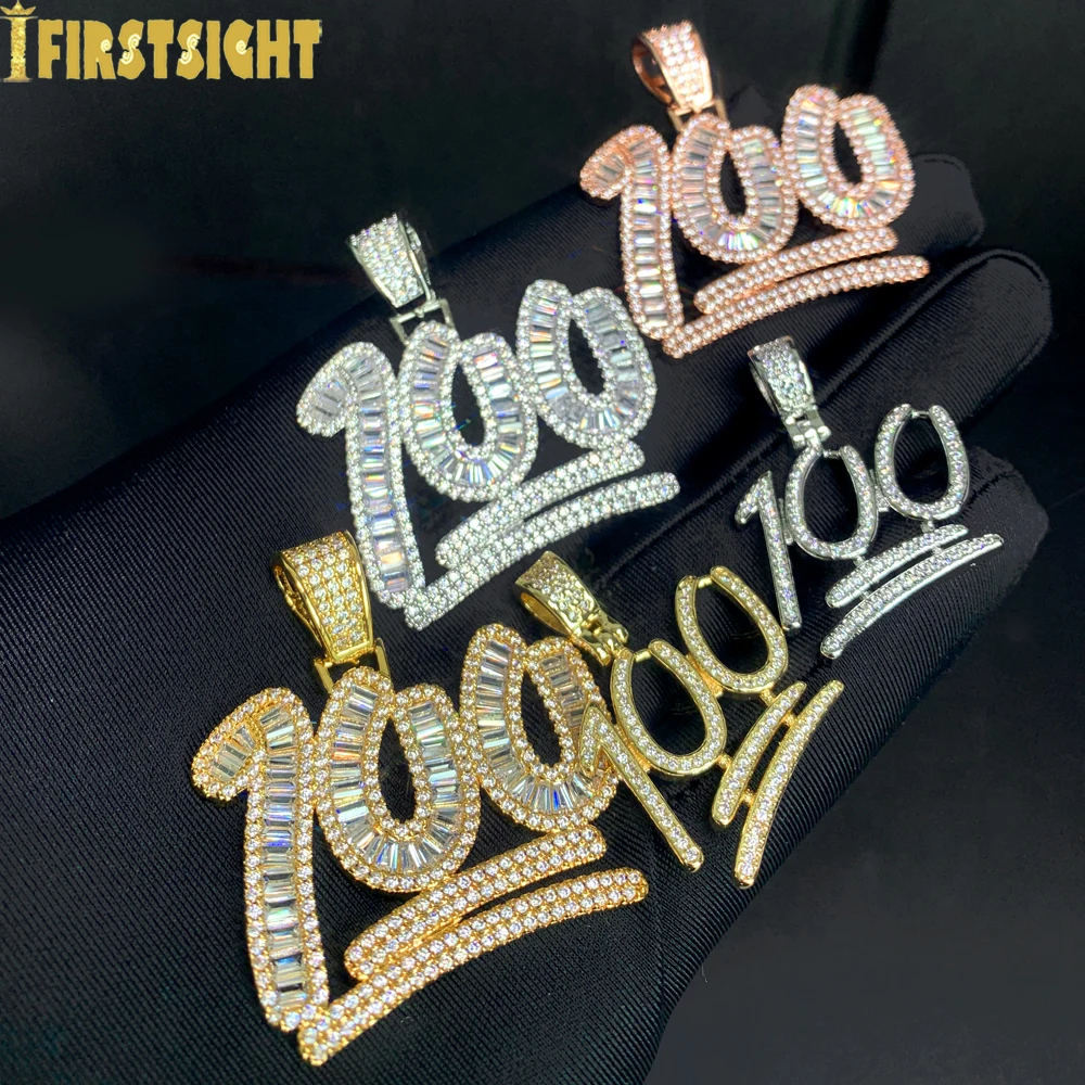 New Iced Out Bling Score 100 Pendant Necklace Silver Color 5A CZ Cubic Zirconia Number Charm Hiphop Men Women Jewelry