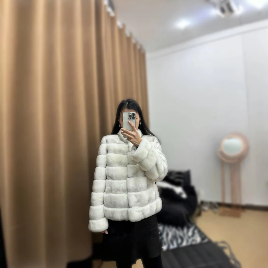 리얼 렉스 토끼털 자켓 하이 칼라 여성용 겨울 자켓 친칠라 색상 퍼 자켓 럭셔리 천연 가죽 자켓