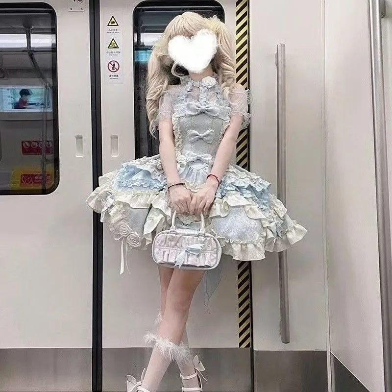 

Kawaii Lolita Cosplay Costume Lovely Sweet Design Jsk Daily Princess Birthday Tutu Dress for Women Elegant Neck Sling Dresses