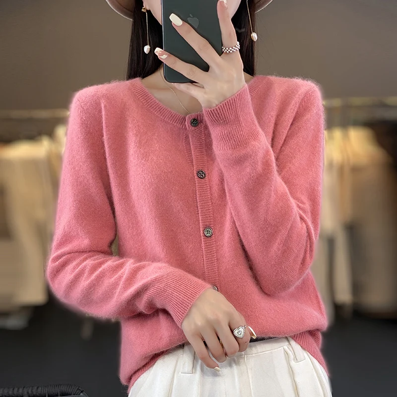 100% Mink Cashmere Women\'s Cardigan Women\'s O Neck Ssweater 2023 Autumn/Winter New Thick Knit Cardigan Sweater Women\'s Jacket