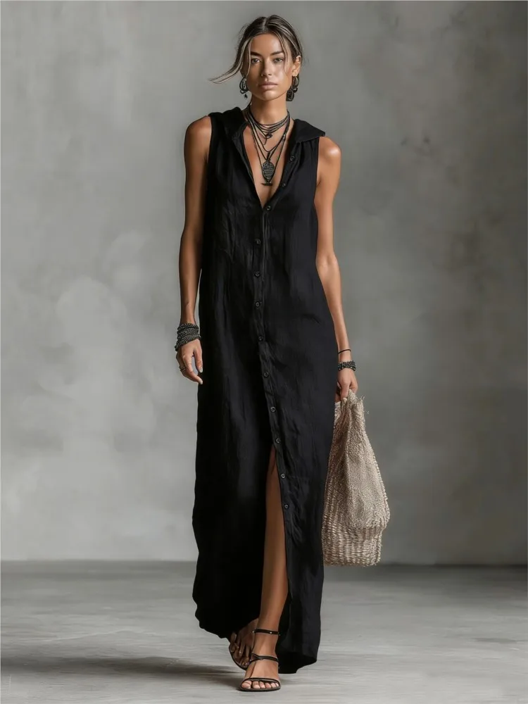 

Loose V-neck Single-breasted Sleeveless Vest Dress For Women Elegant Hooded Women's 2026 Spring And Summer Casual Women's Dress