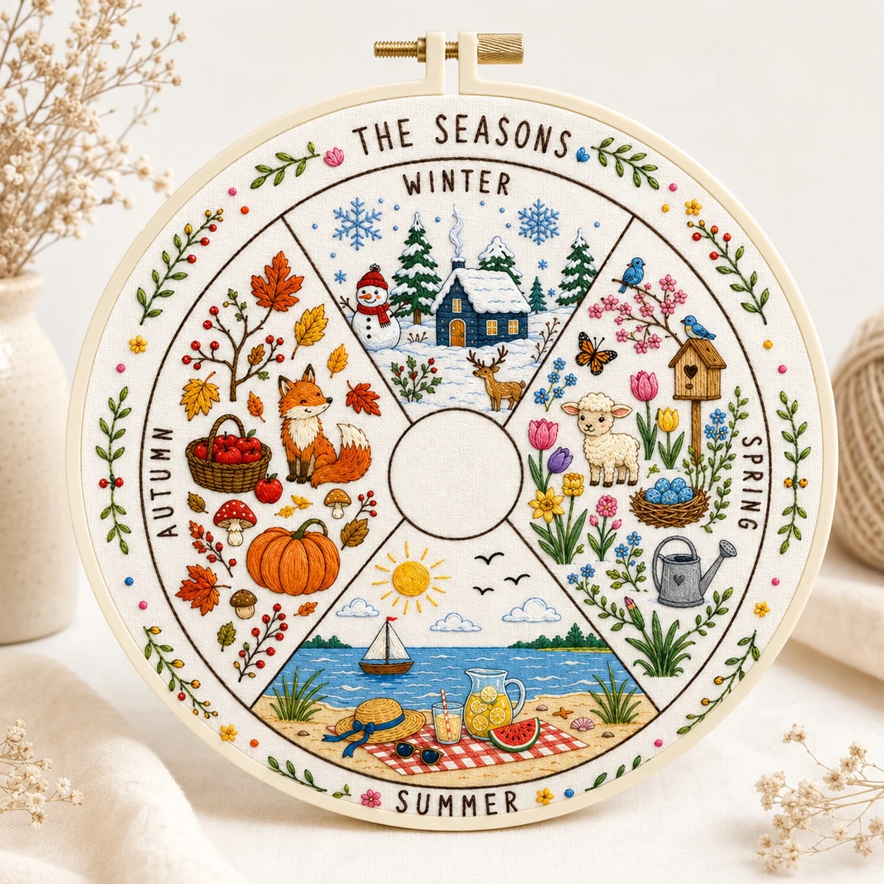 All-in-One Four Seasons Embroidery Kit, DIY Craft Stitching Supplies for Home Wall Art Decor, Christmas and Halloween Ornaments