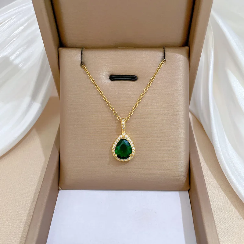 2pcs/set Jewelry Sets Women Elegant Waterdrop Green Rhinestone Pendant Necklace stud Earrings Wedding Dress Bridal Jewelry Set